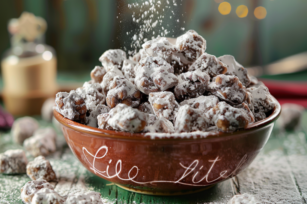 Close-up of a bowl filled with freshly made Muddy Buddies coated in powdered sugar.