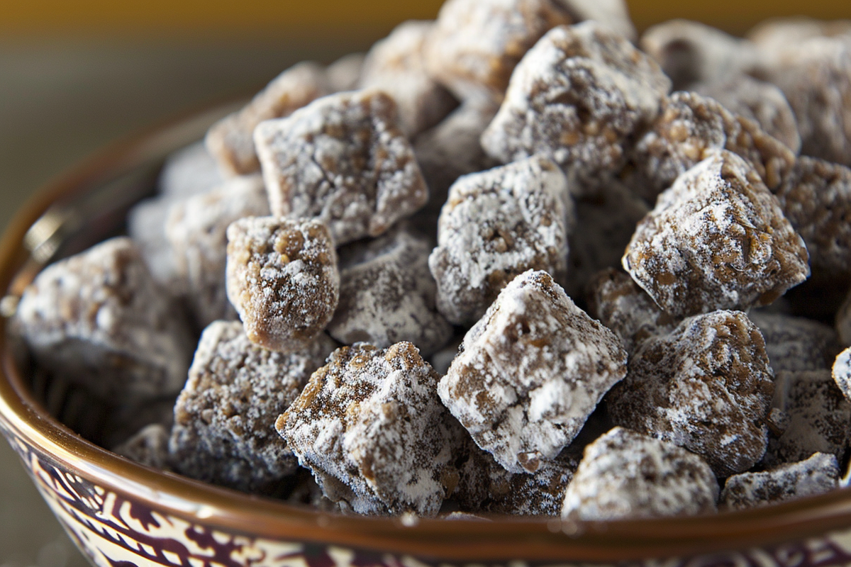 A batch of Muddy Buddies on a baking sheet ready to be served.