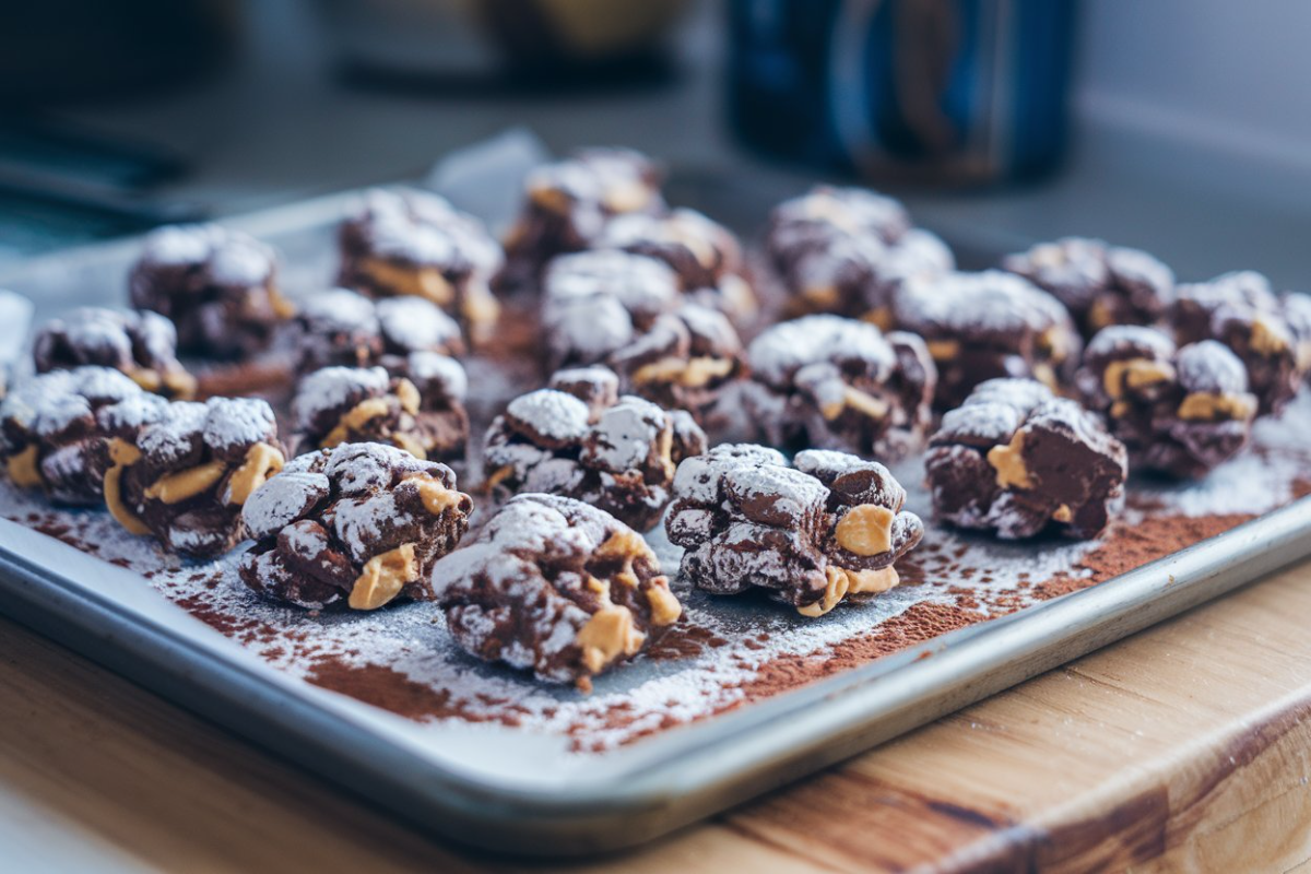 Hands mixing chocolate and peanut butter over cereal for <yoastmark class=