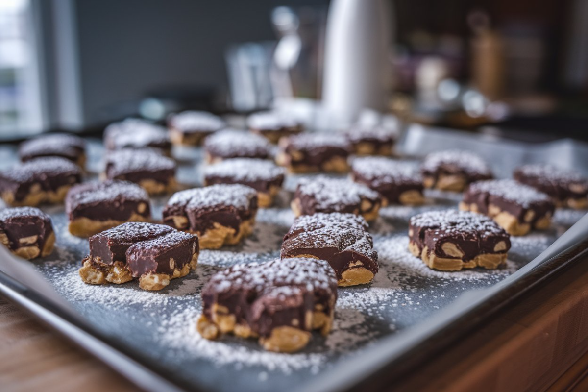 A festive display of Muddy Buddies in a holiday-themed bowl.