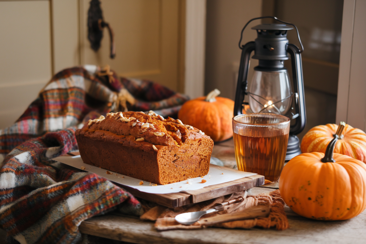 Moist and flavorful pumpkin banana bread with a knife beside it