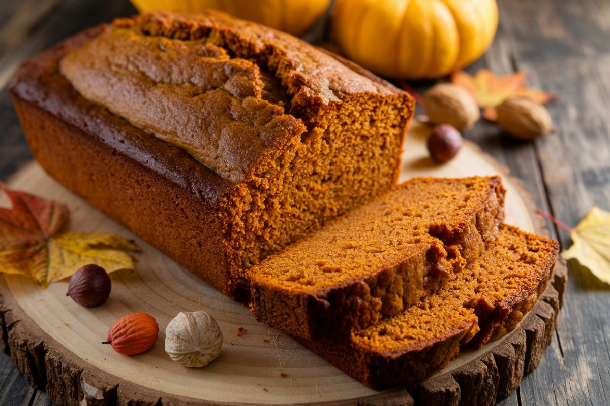 Freshly baked pumpkin banana loaf on a wooden board