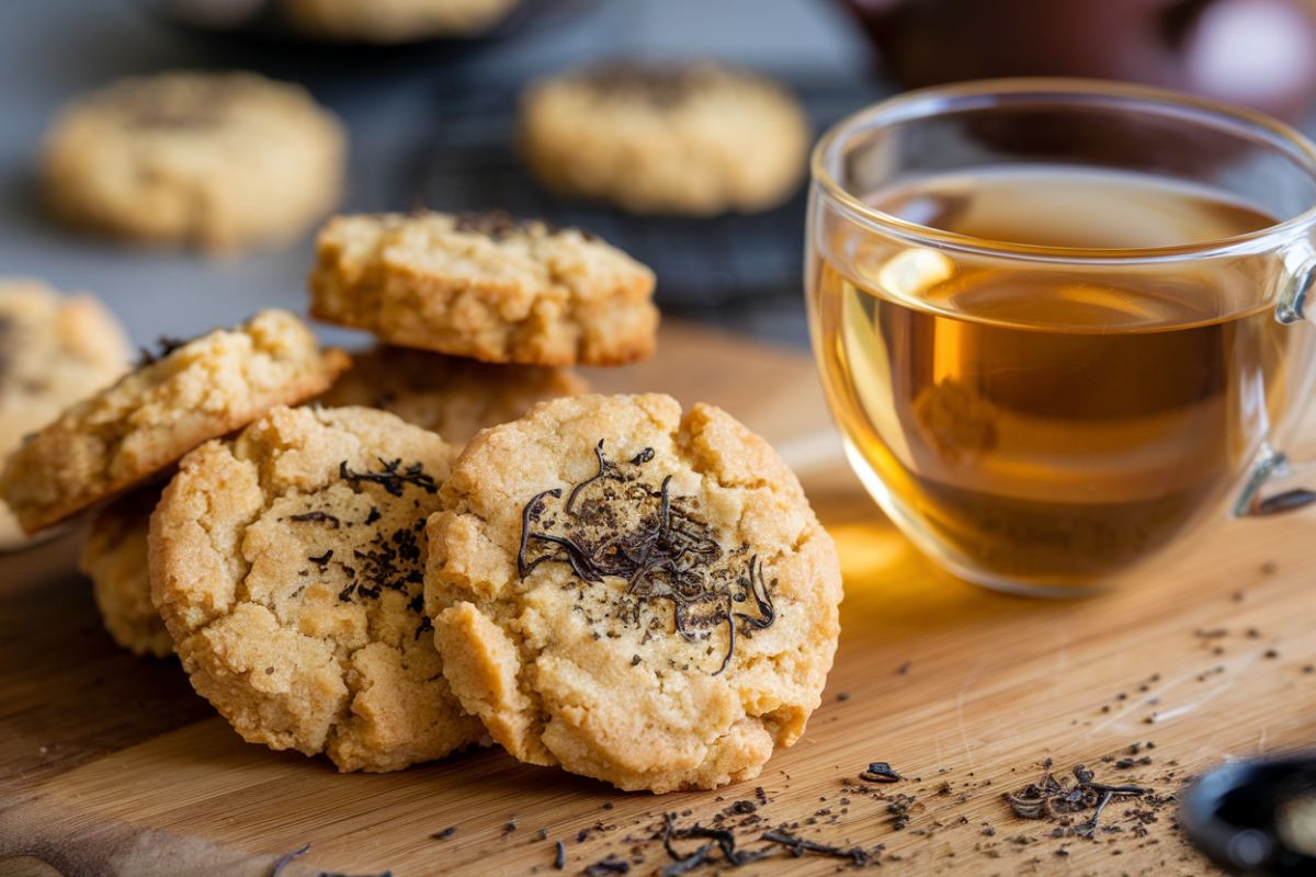 Earl Grey cookies arranged on a white plate with a cup of tea