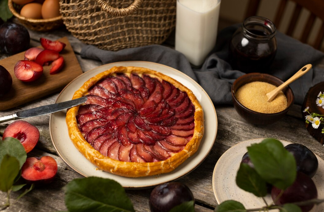 Freshly baked American plum tart with a flaky crust and juicy plum filling