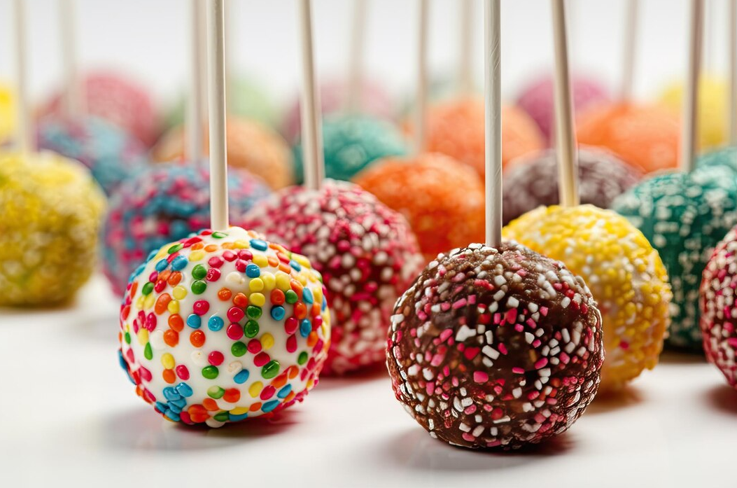 Cake pops decorated with colorful sprinkles on a white background