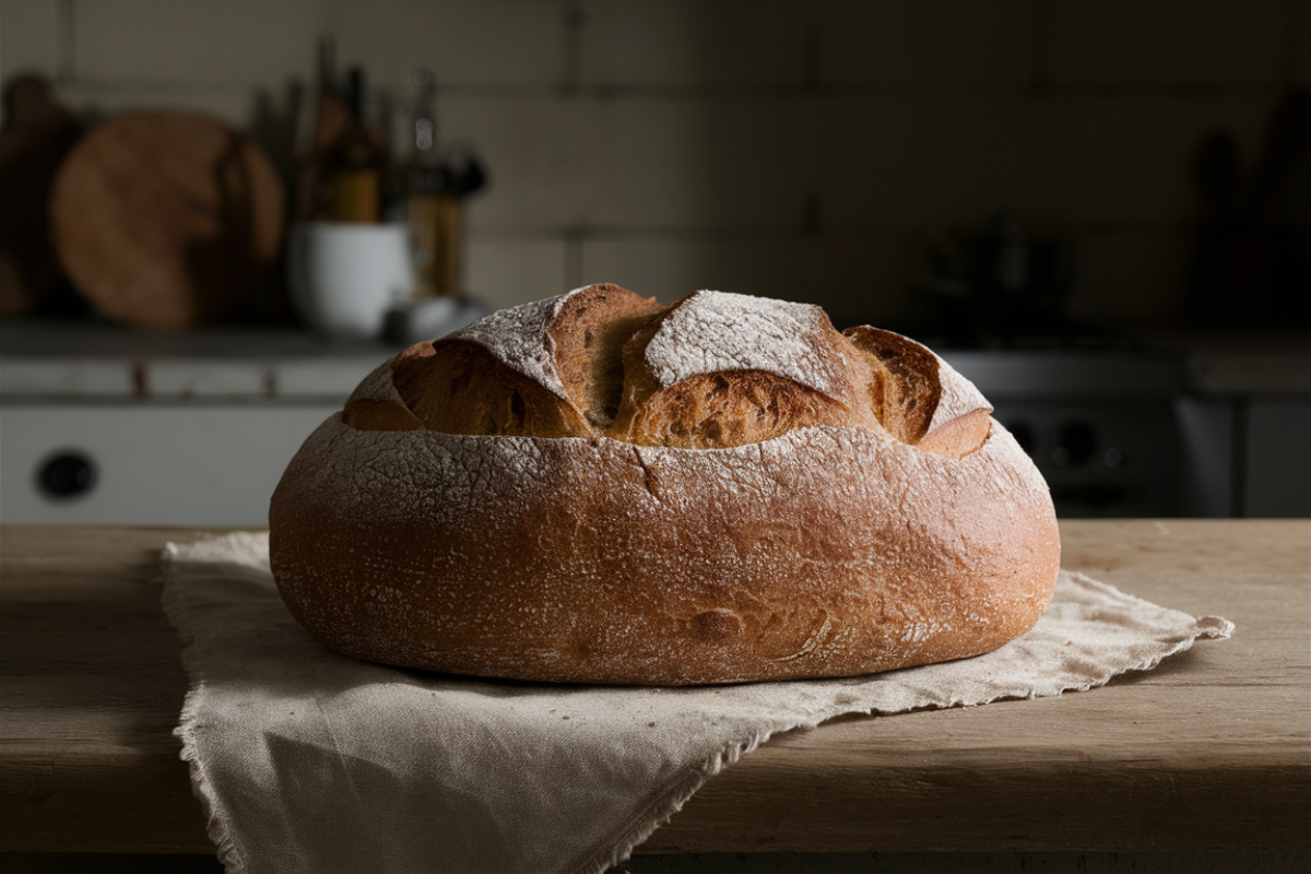 Rustic cottage bread loaf on a wooden cutting board