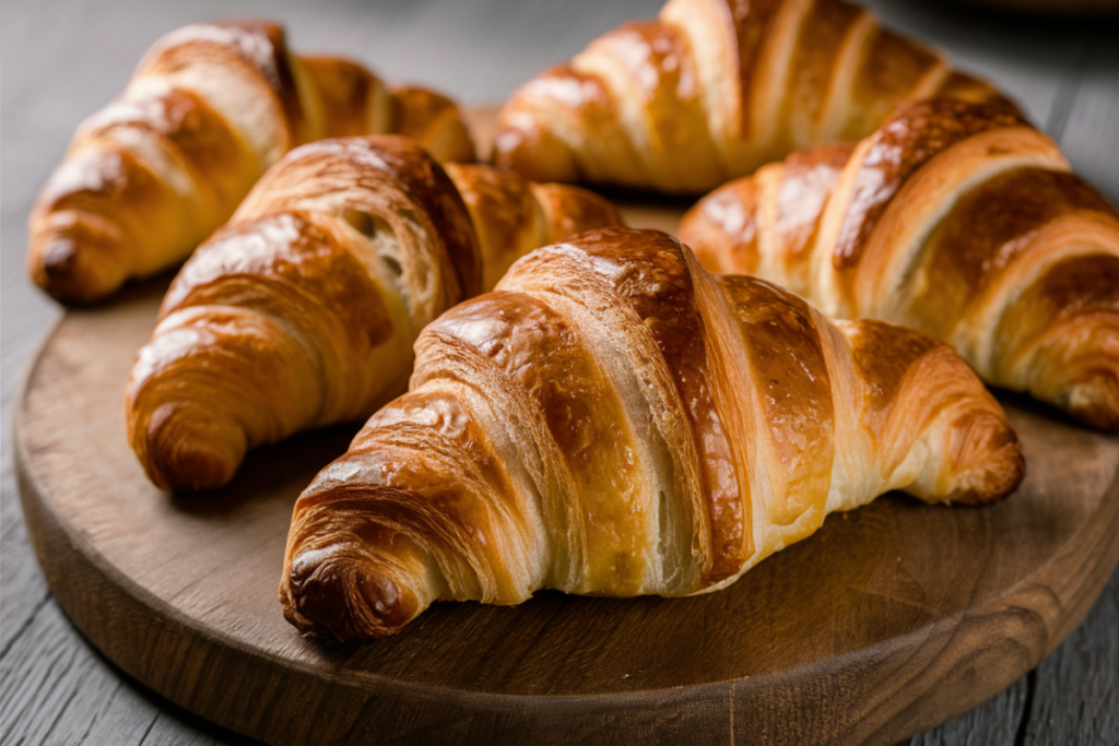 Freshly baked croissants on a wooden board