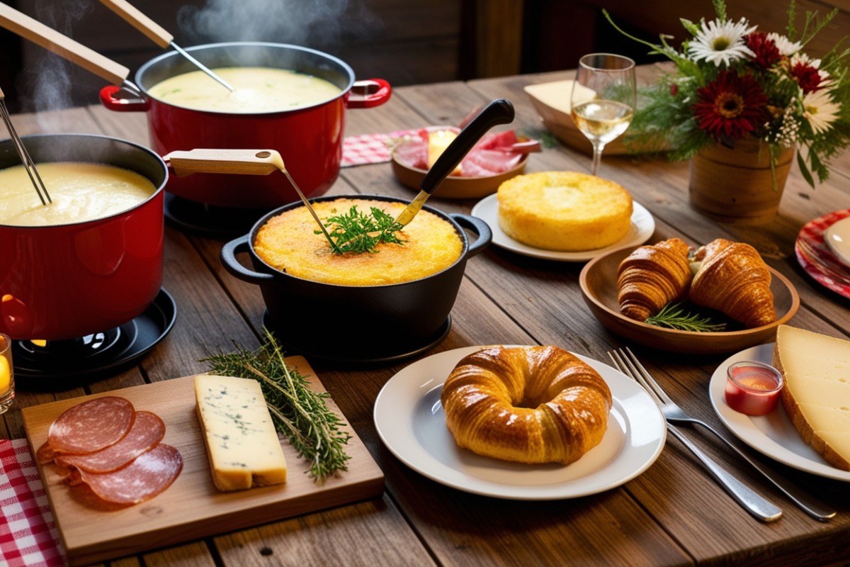 Assorted traditional Swiss dishes on a rustic table