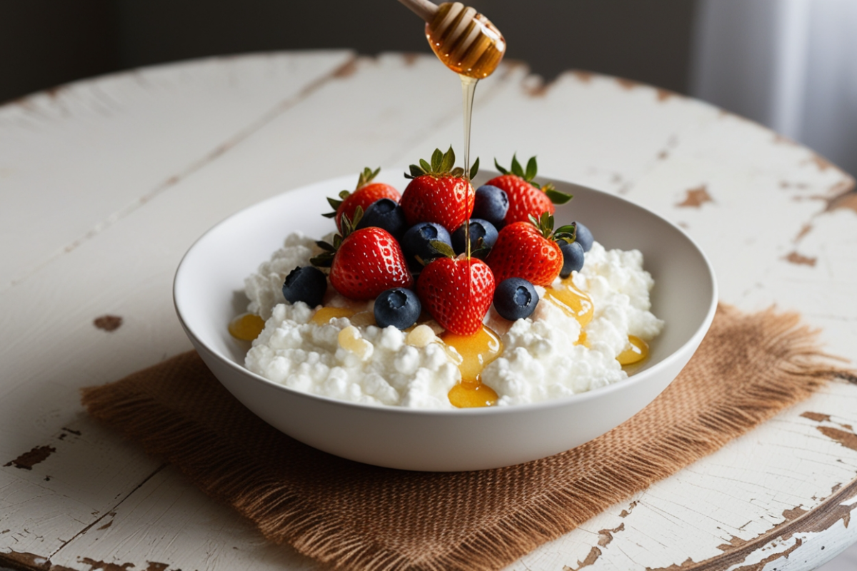 Bowl of cottage cheese with fresh berries and honey drizzle