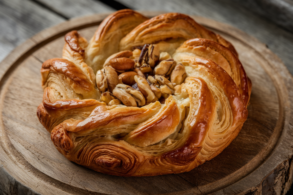 Close-up of a Nussgipfel with a golden, flaky crust.