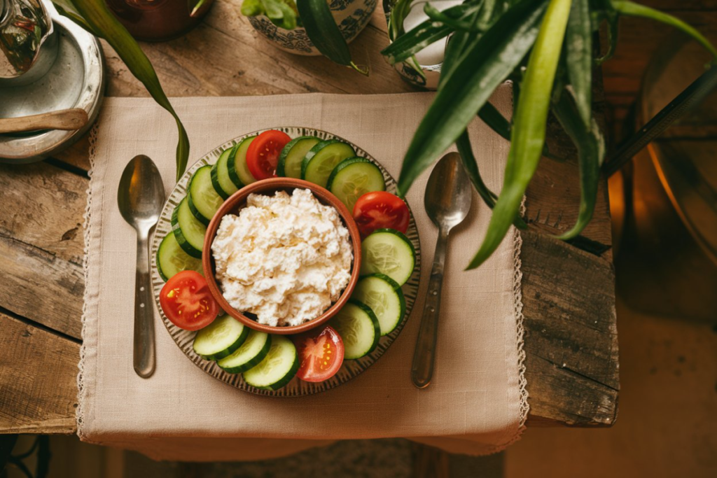 Bowl of creamy cottage cheese topped with fresh fruits