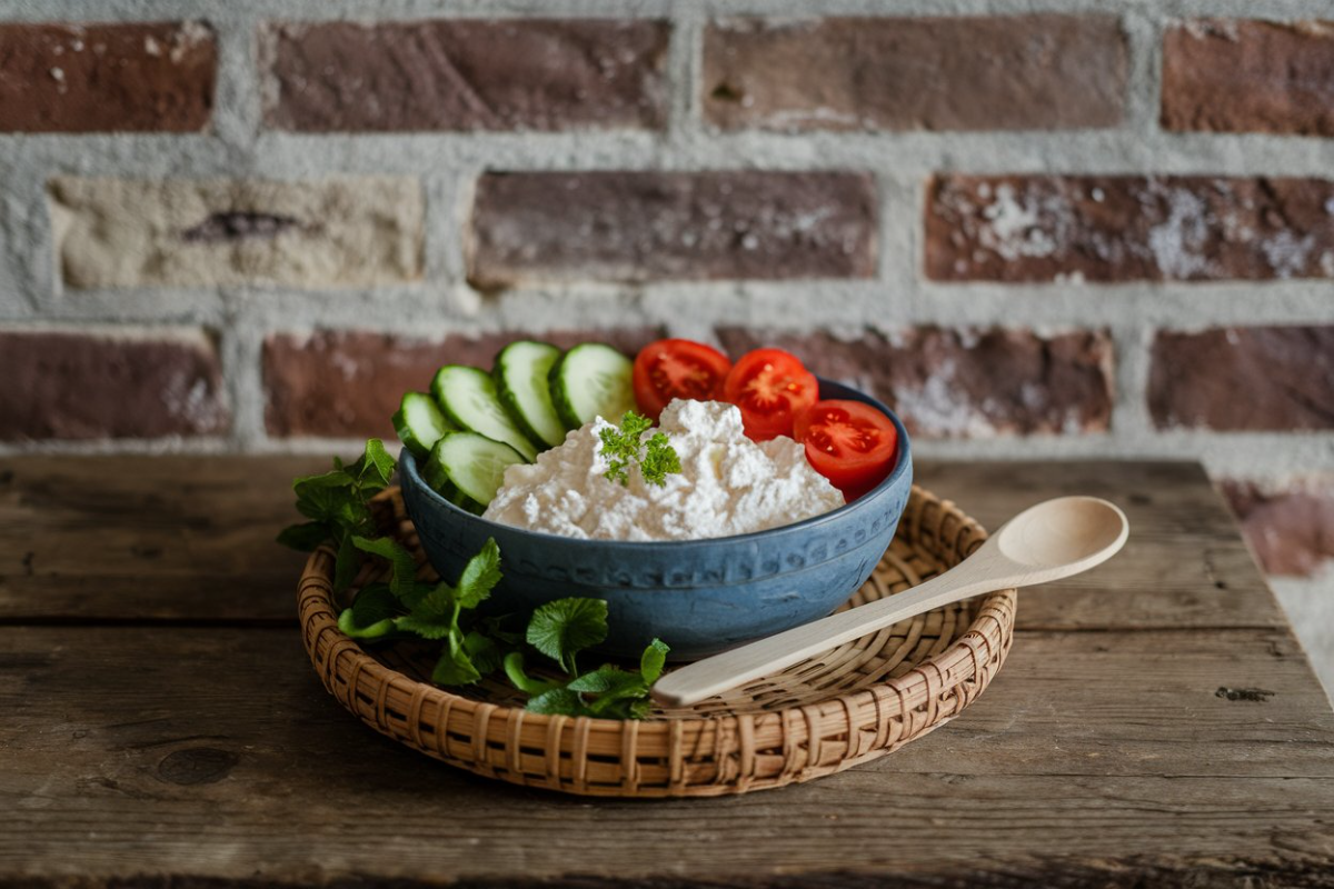 Small-curd cottage cheese with fresh cucumber slices and tomatoes