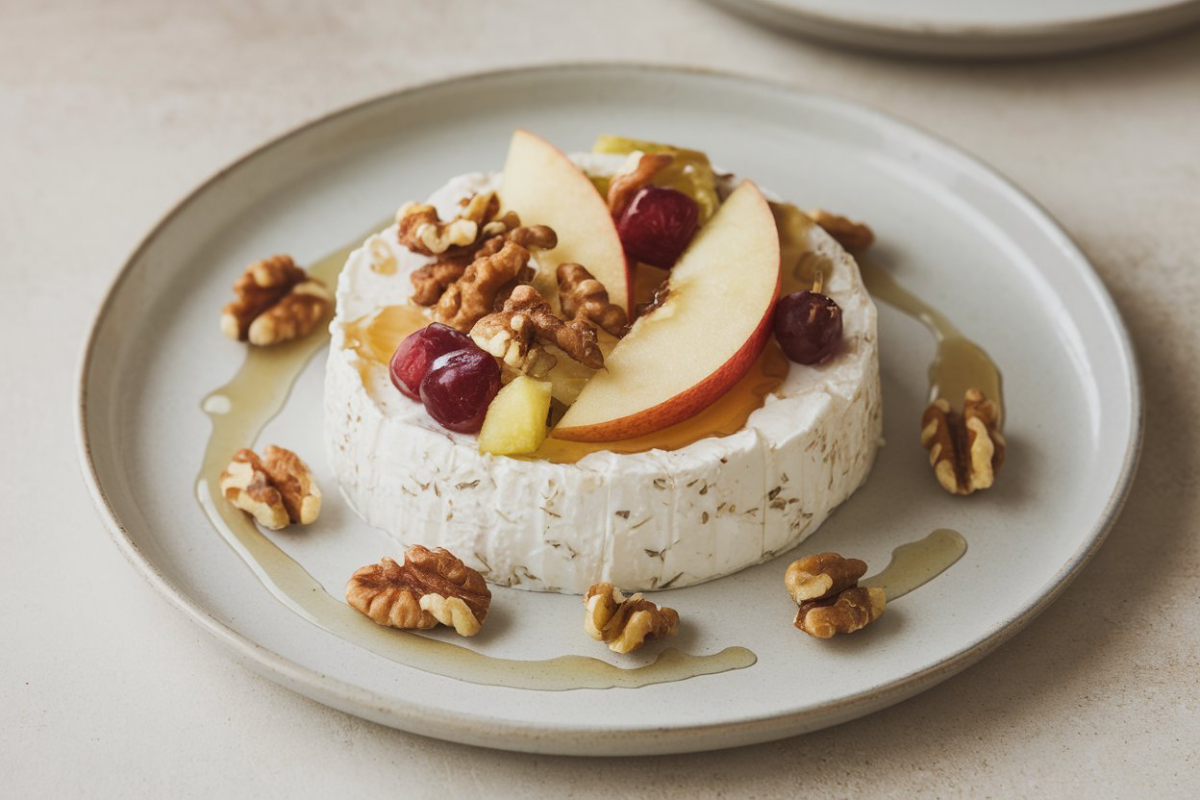 Cottage cheese served with mixed fruits and nuts on a wooden table