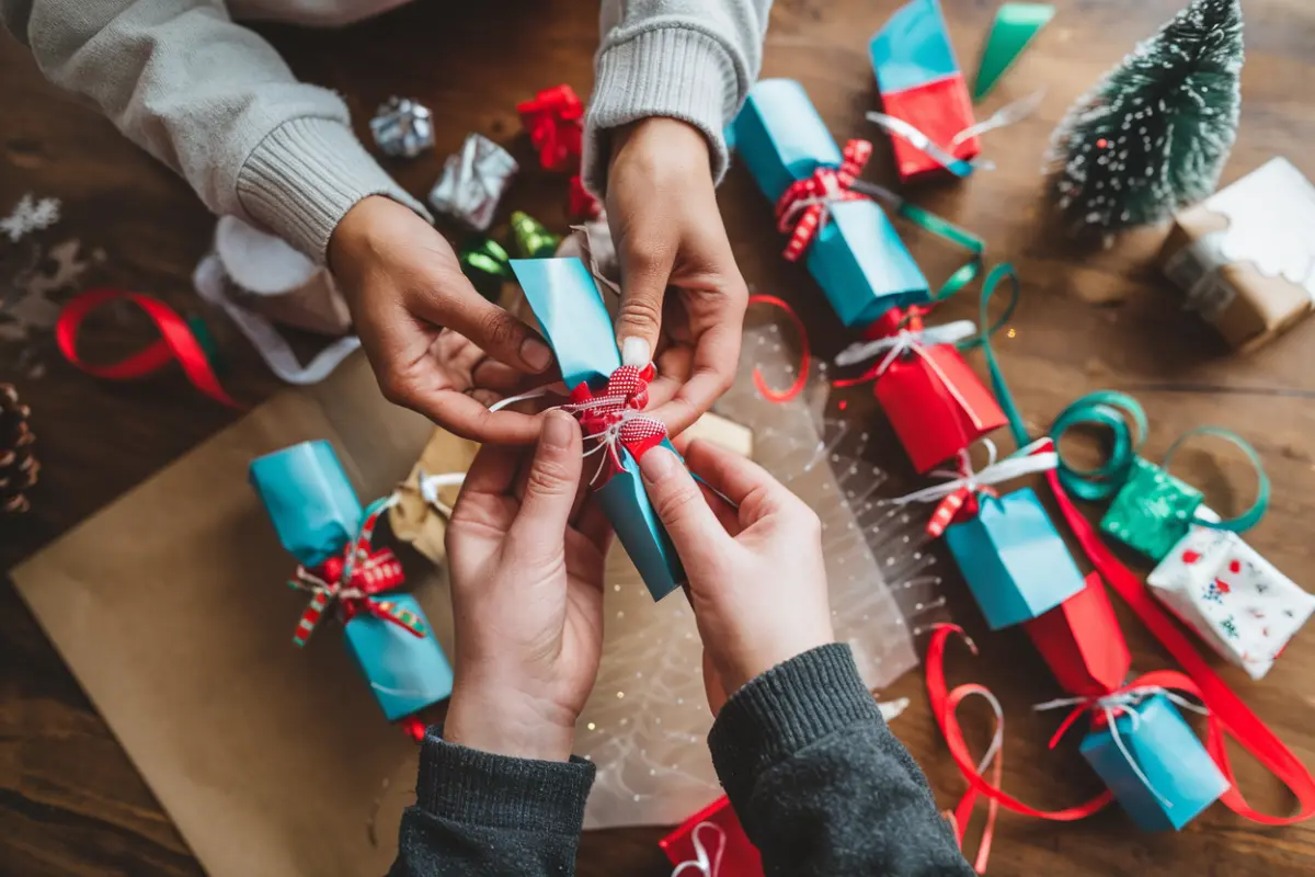 Homemade Christmas crackers with festive decorations