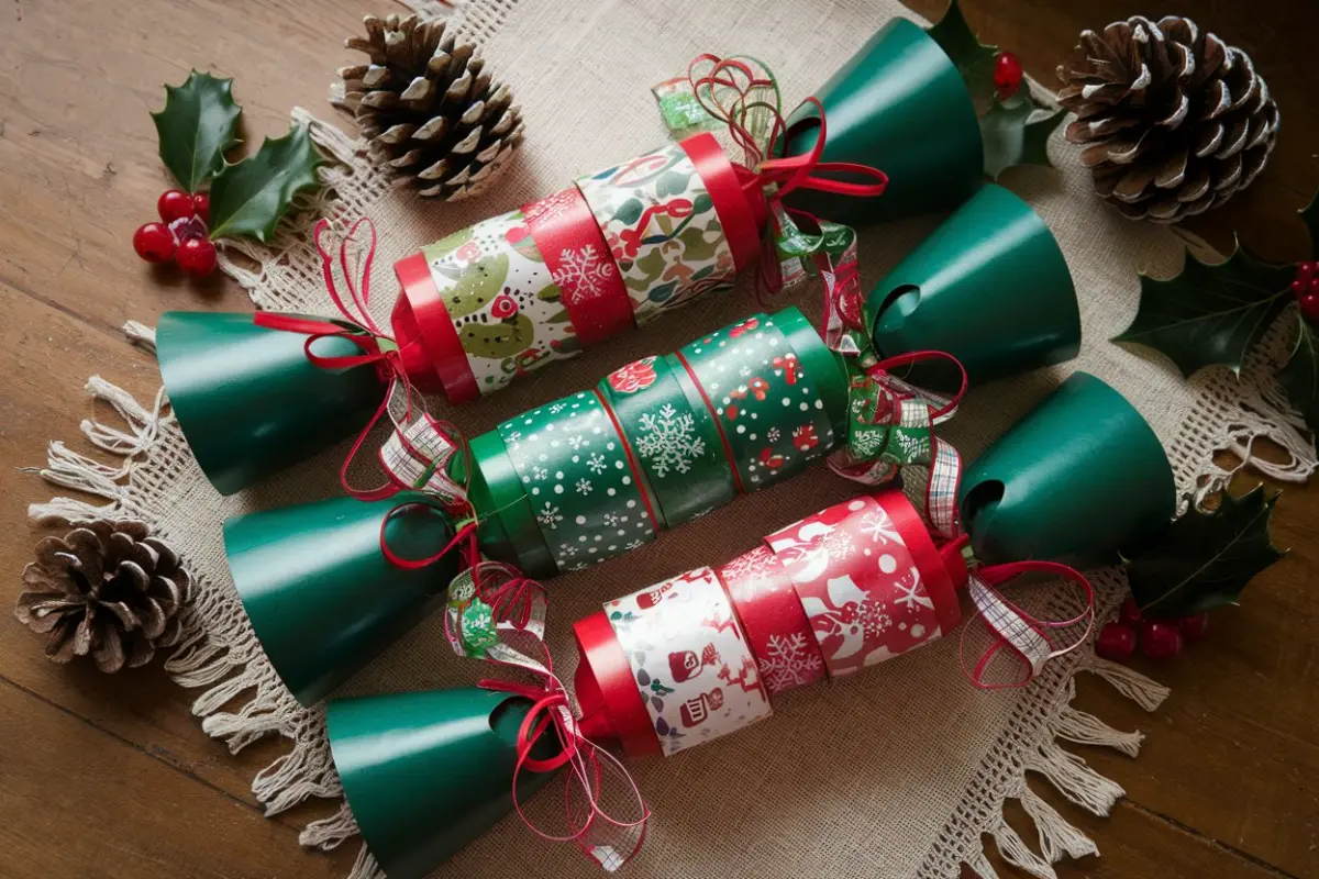 Homemade Christmas crackers with festive decorations