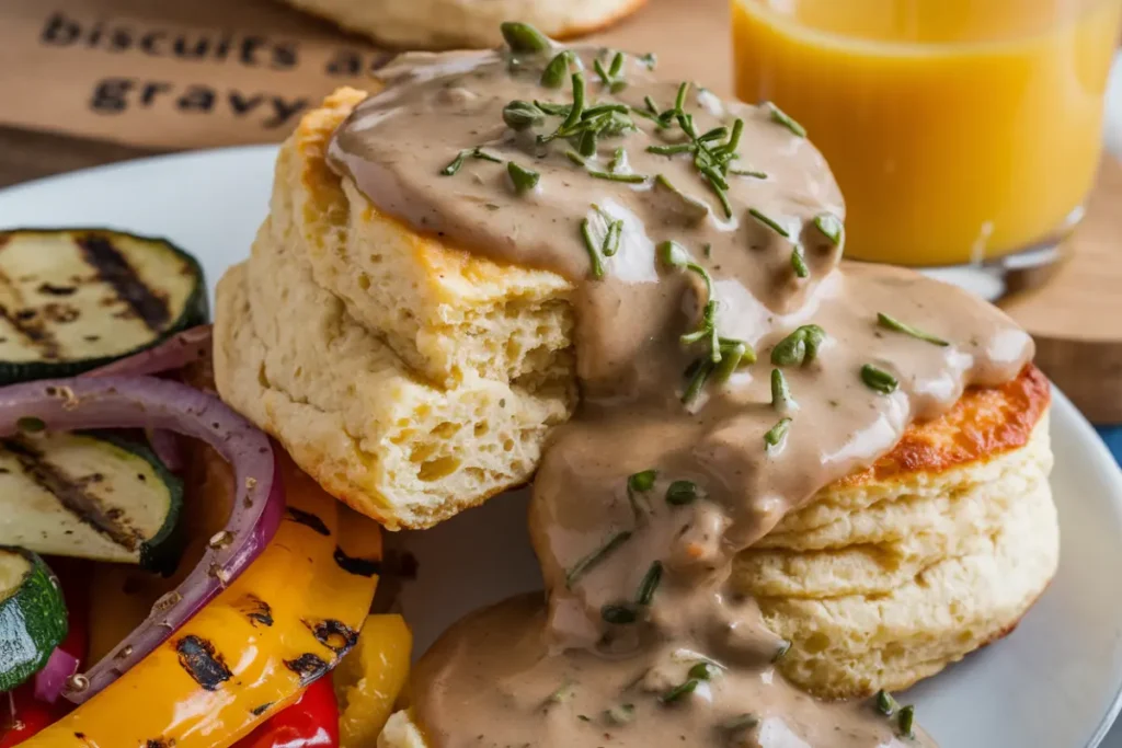 Delicious biscuits with creamy gravy served with sides