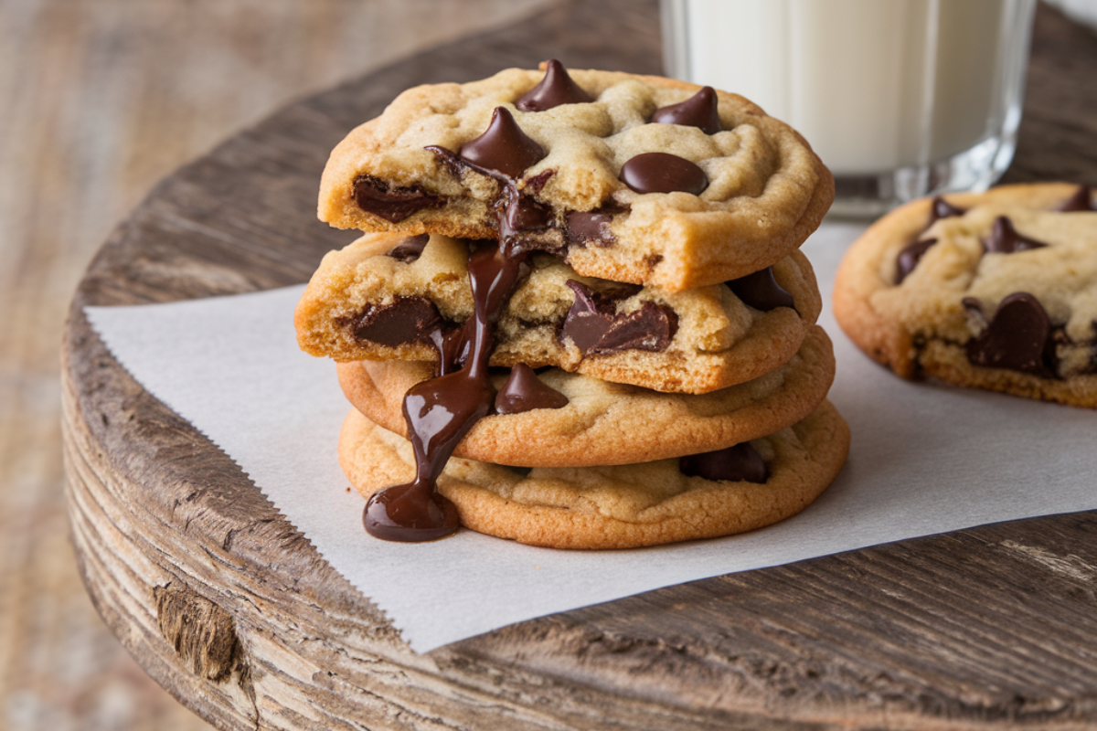 Freshly baked Toll House cookies on a cooling rack with chocolate chips