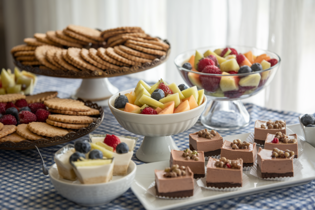 An assortment of simple and delicious desserts, including fruit salad, chocolate mousse, and cookies.