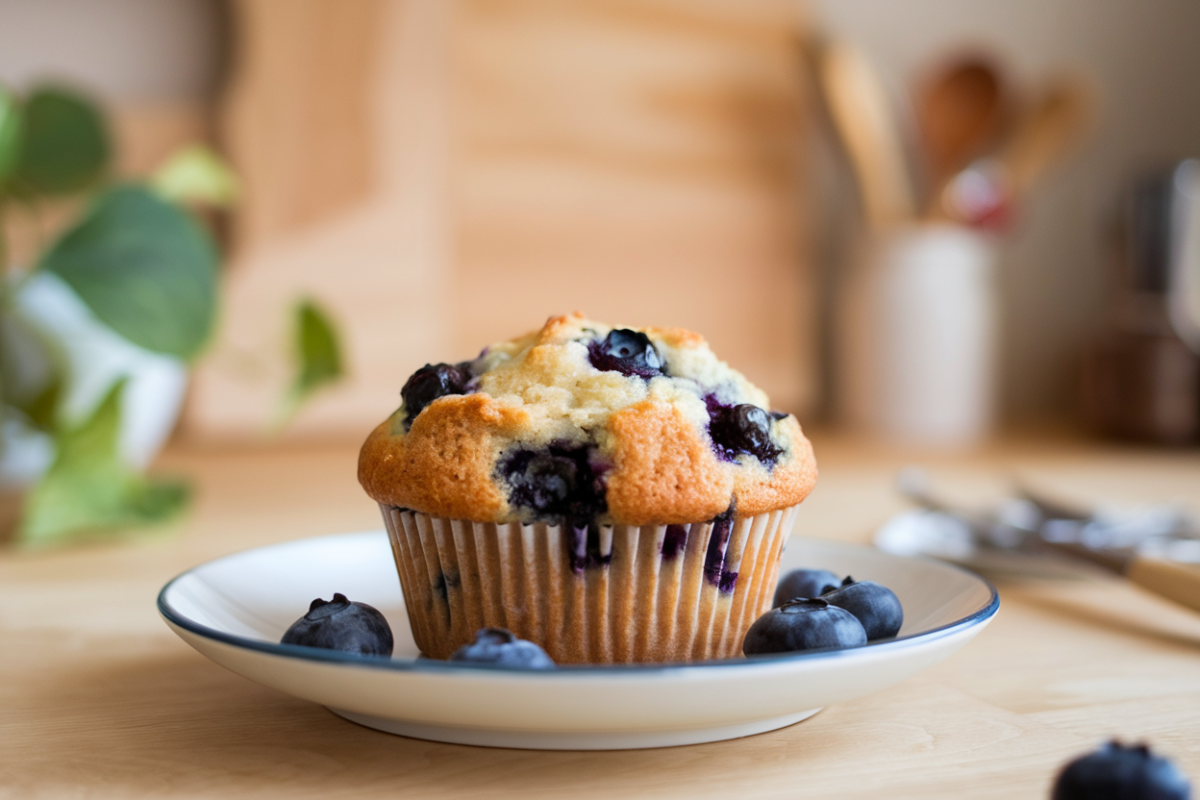 A freshly baked muffin with blueberries on a white plate