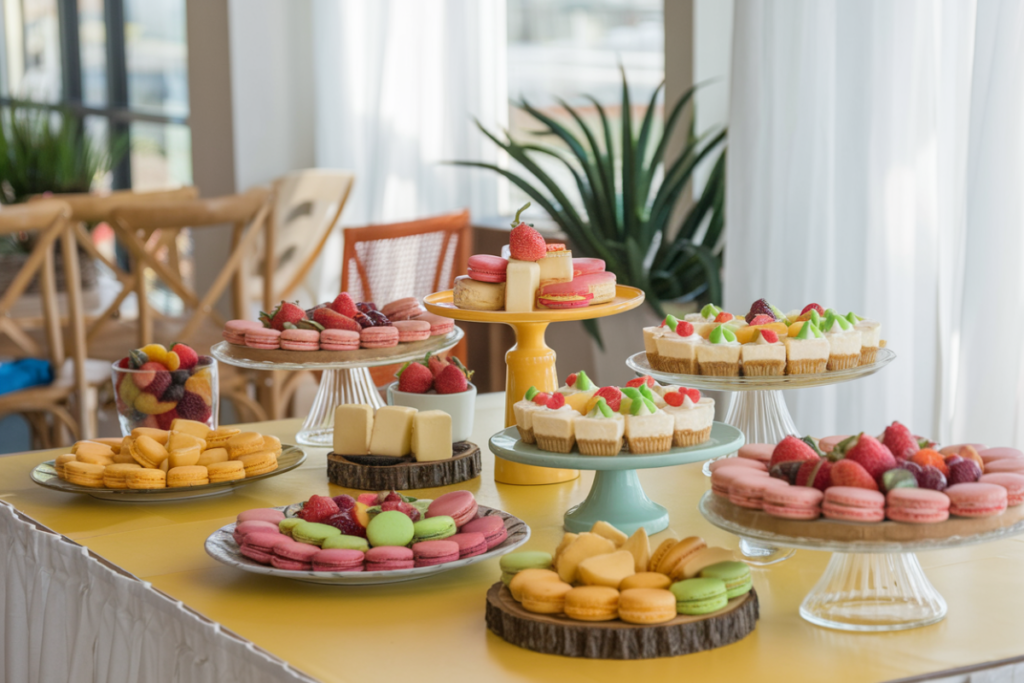 An array of easy homemade desserts including cookies, cakes, and fruit tarts on a rustic wooden table.