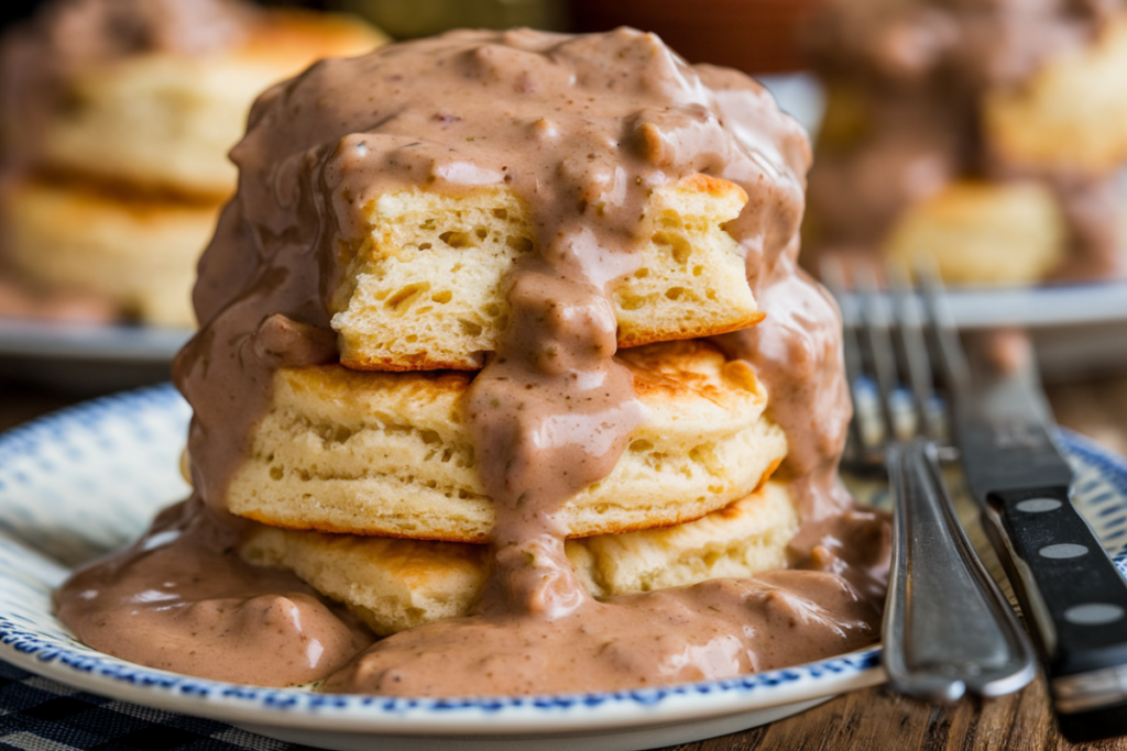 Freshly baked biscuits topped with rich sausage gravy