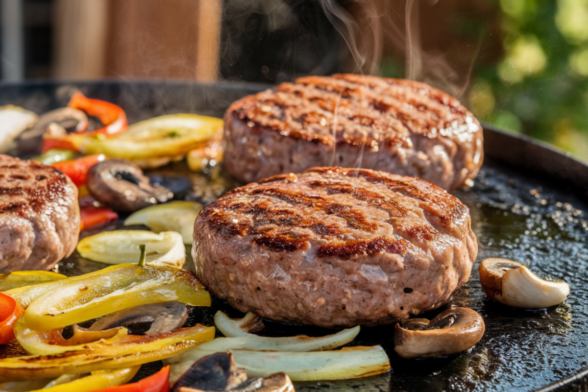 Cooking on a Blackstone griddle with various dishes