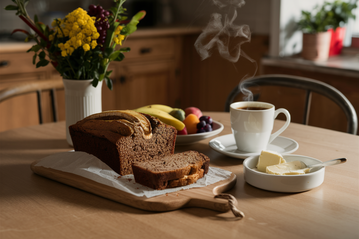 Freshly baked banana bread with various pairings like coffee, fruits, and spreads