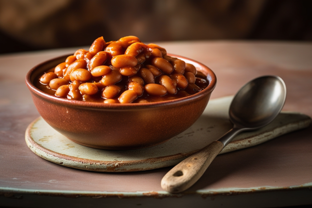 A bowl of homemade baked beans with a rich, savory sauce.