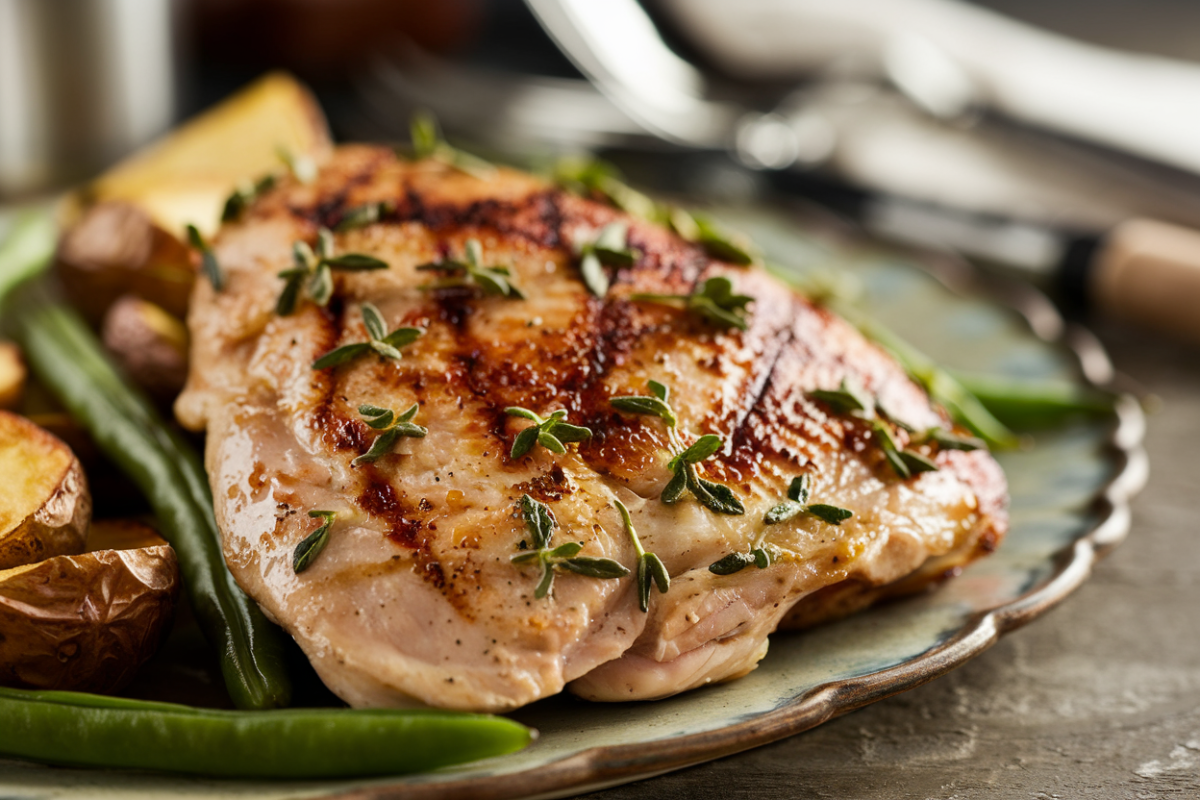 Pan-seared chicken breast with a golden-brown crust.