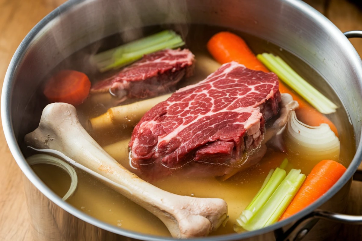 A bowl of rich, homemade bone broth with fresh vegetables.