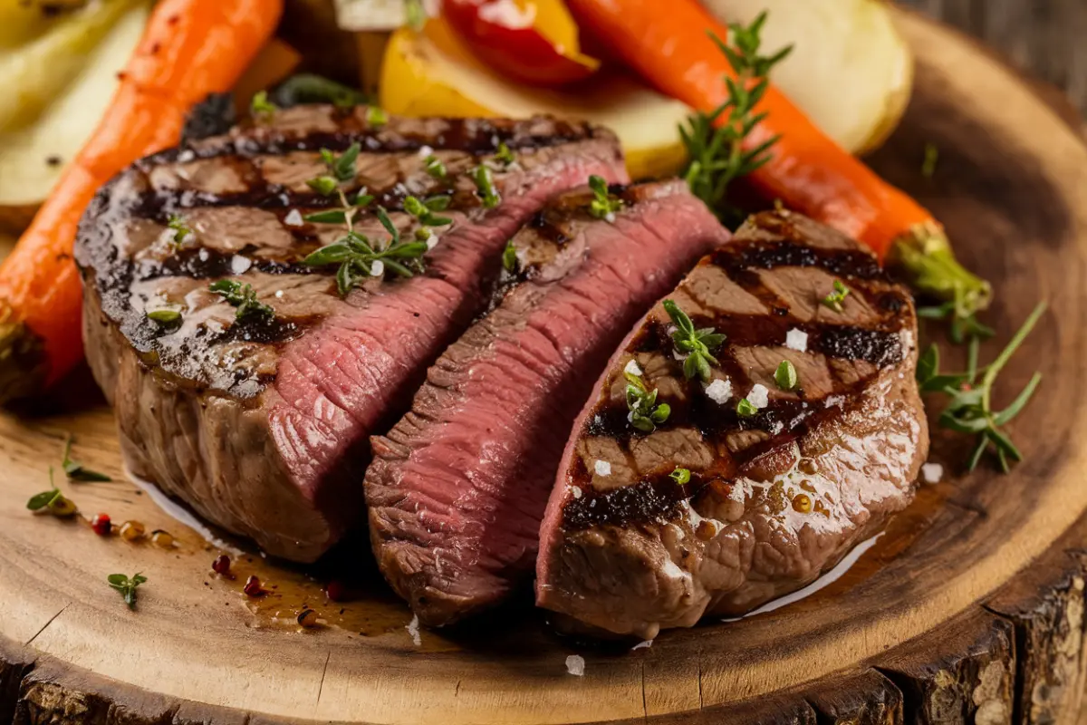 Beef round steak grilled with vegetables on a wooden board