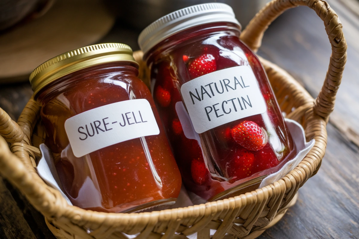 Jar of homemade jam showing the perfect set from using Sure-Jell or natural pectin.