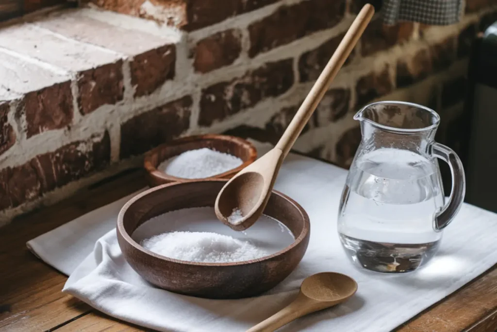 Brine solution being prepared with salt and water for food preservation.