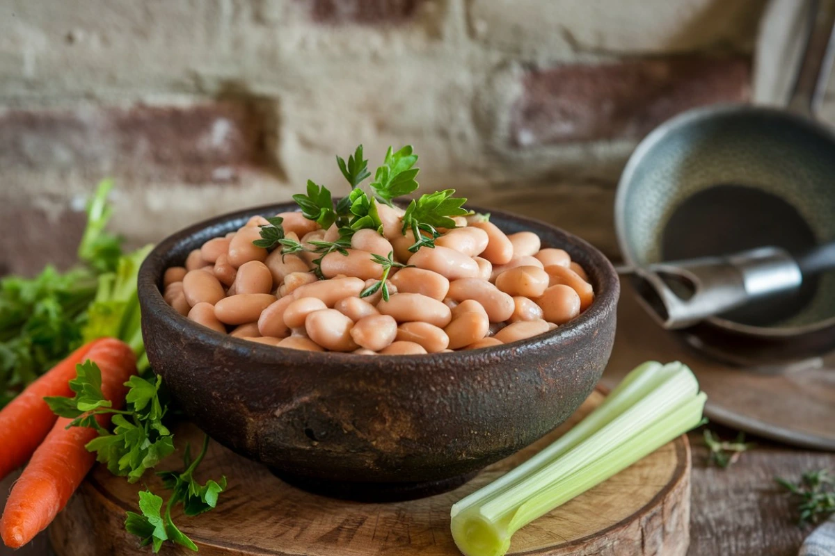 Creamy butter beans served in a bowl with herbs and vegetables