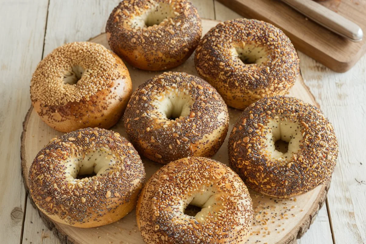 Fresh sourdough bagels on a wooden board with seeds and grains