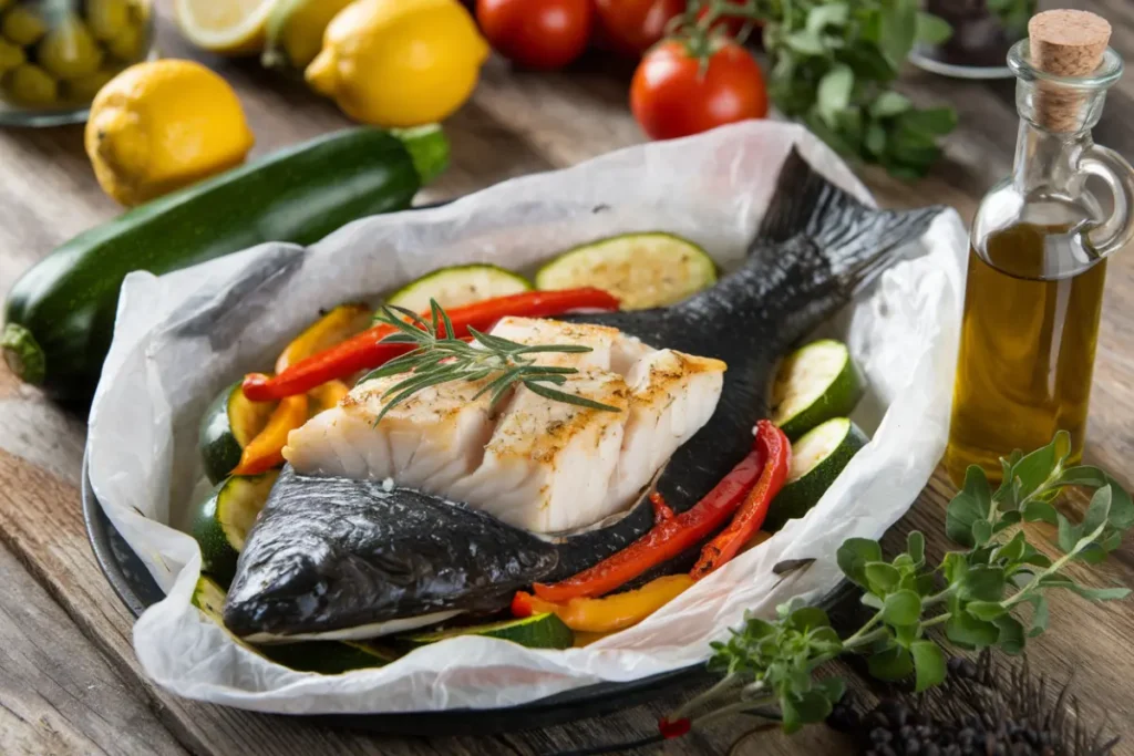 Grilled black cod served with roasted vegetables and wild rice