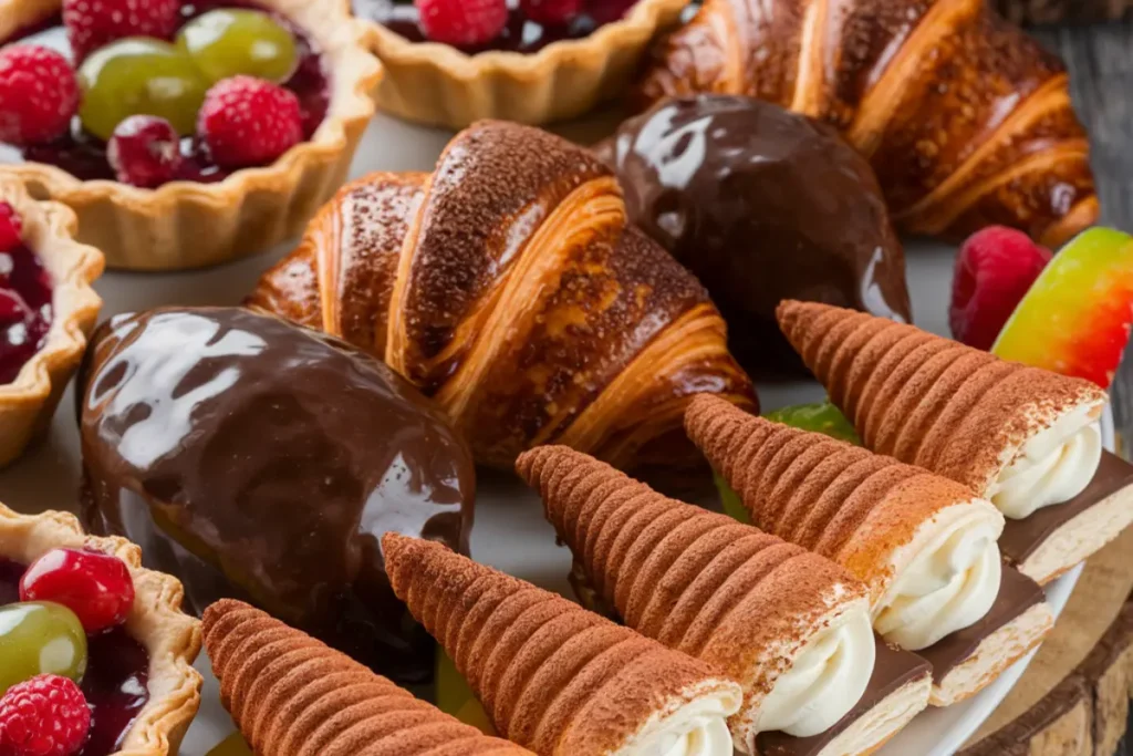 Puff pastry desserts with fruit and chocolate