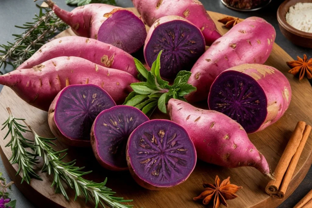 Purple sweet potatoes with ingredients for a recipe