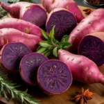 Purple sweet potatoes with ingredients for a recipe