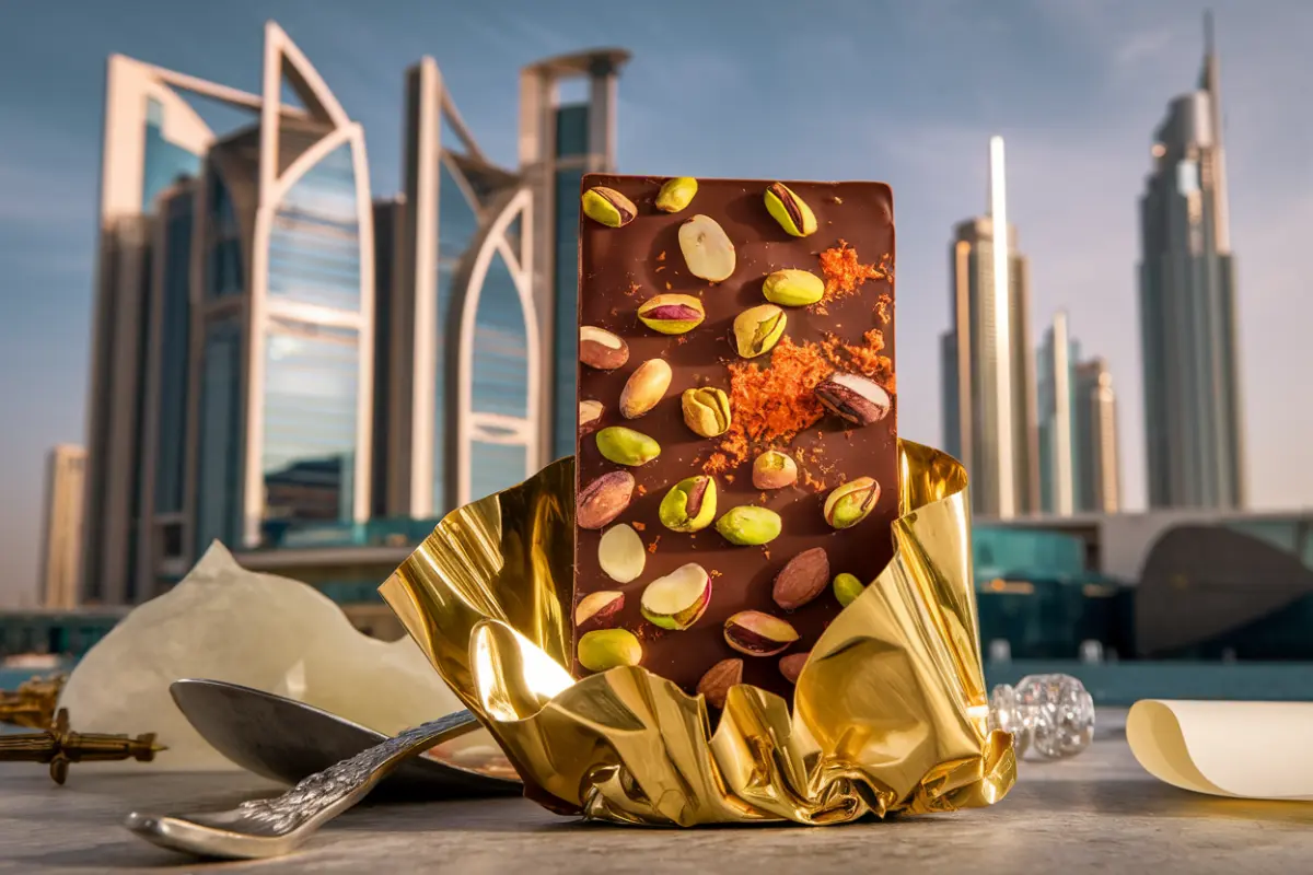 Luxurious viral Dubai chocolate bar with gold and nuts