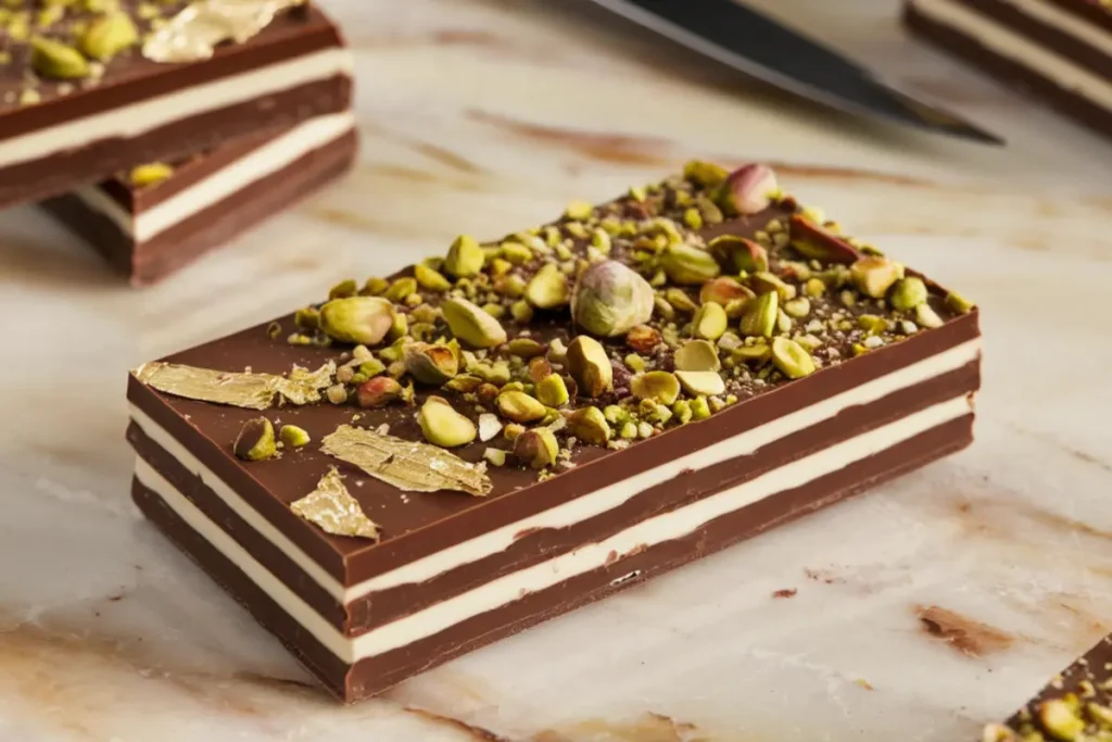 Viral Dubai Chocolate Bar with Gold Leaf and Pistachios