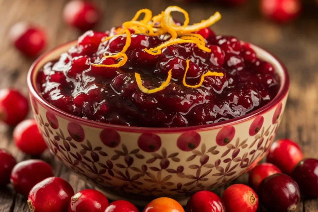 Fresh cranberry sauce in a bowl surrounded by cranberries and citrus zest