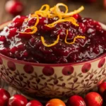 Fresh cranberry sauce in a bowl surrounded by cranberries and citrus zest