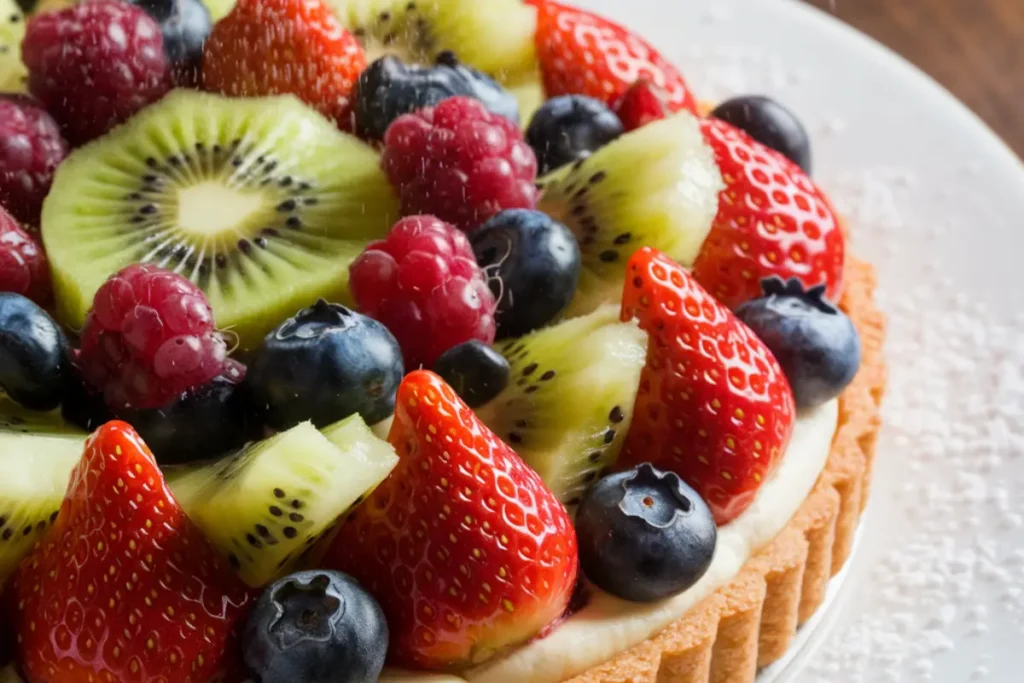 Freshly made fruit tart with creamy filling and vibrant fruit toppings