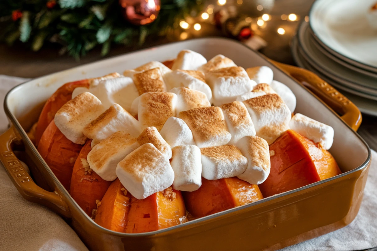 Candied yams served in a baking dish with caramelized syrup and marshmallows.