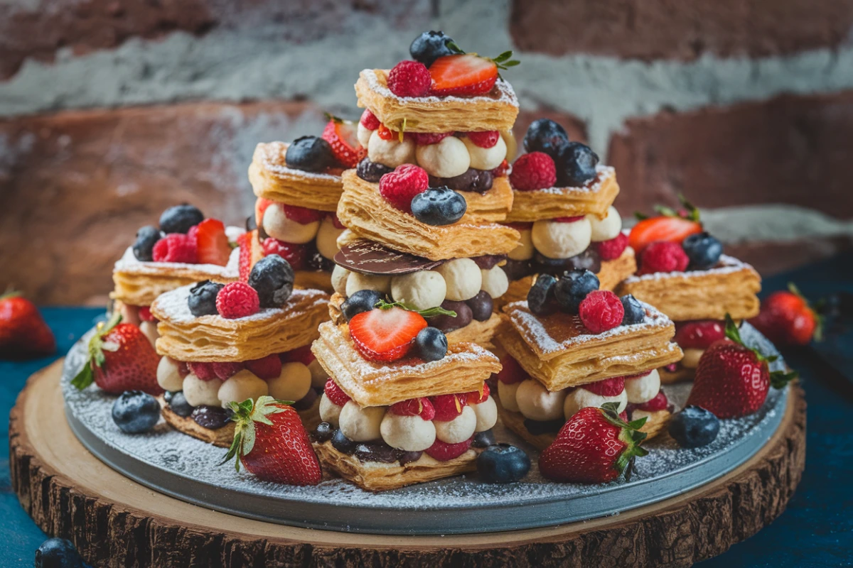 Flaky and golden puff pastry desserts arranged on a plate