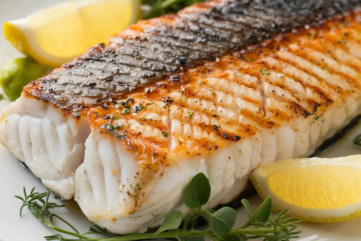 Grilled black cod served with fresh herbs and lemon