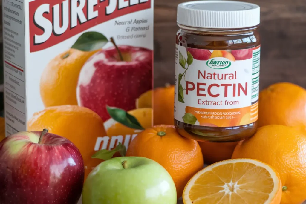 Close-up of Sure-Jell ingredients with fresh fruit