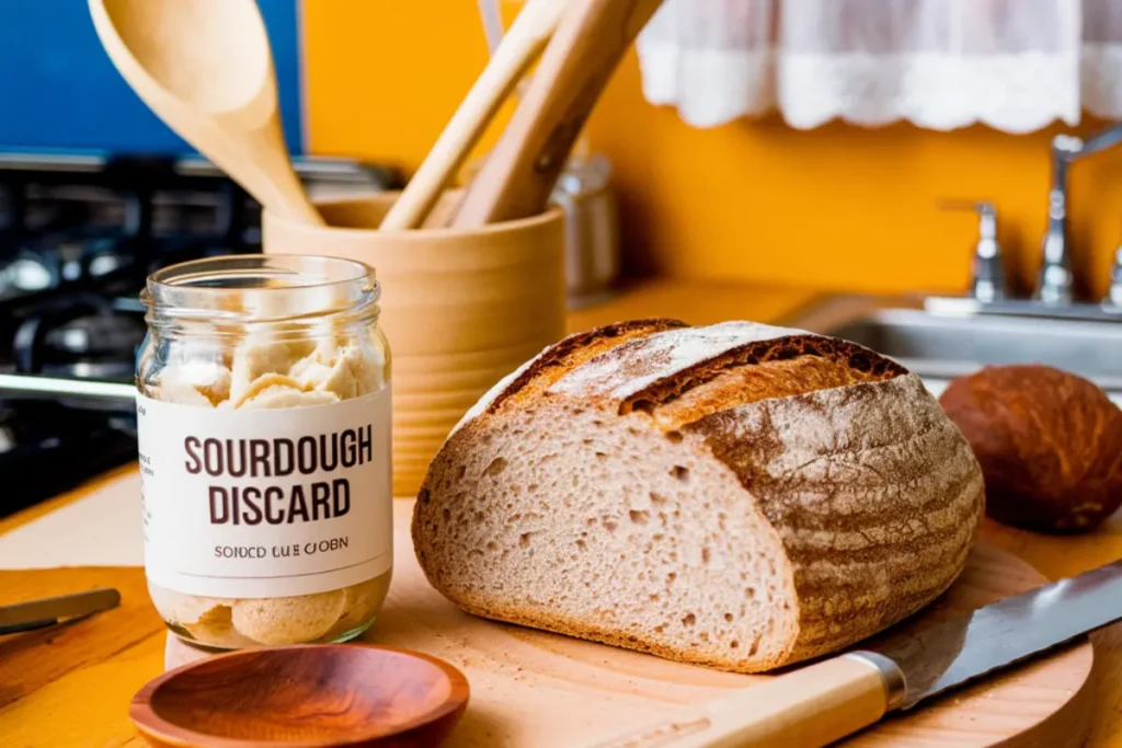 Sourdough discard in a jar with fresh bread on the side