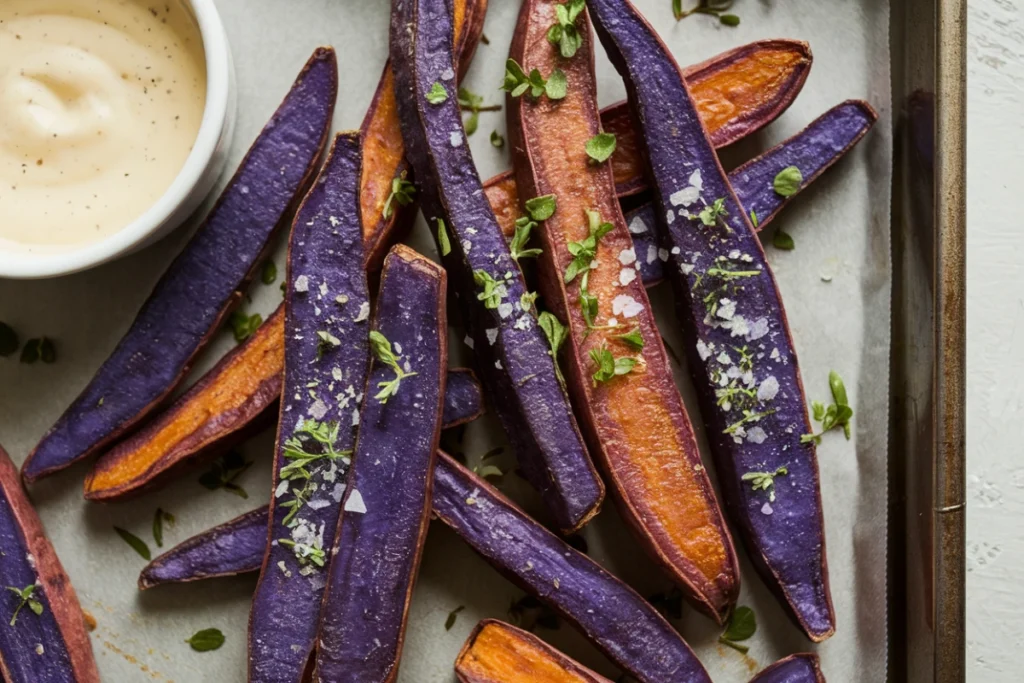 Purple sweet potatoes on a wooden table with cut slices showing vibrant color